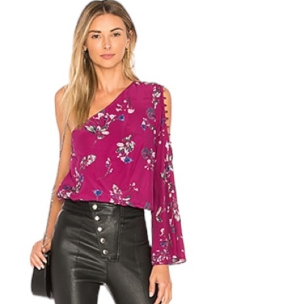 PARKER RIPLEY SILK FLORAL DELFINA PINK ONE SLEEVE SHOULDER BLOUSE TOP M